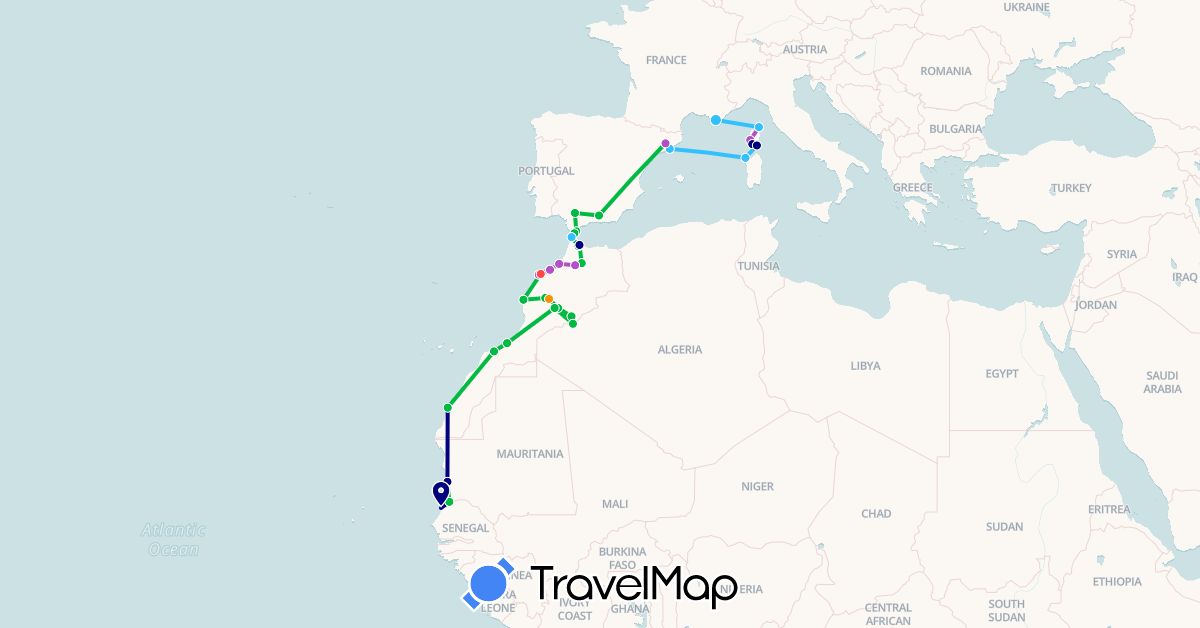 TravelMap itinerary: driving, bus, train, hiking, boat, hitchhiking in Spain, France, Italy, Morocco, Mauritania, Senegal (Africa, Europe)